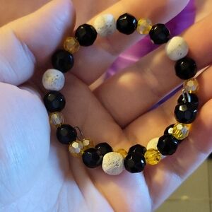 Adjustable White Lavastone & Faceted Black & Yellow Beaded Memory Wire Bracelet